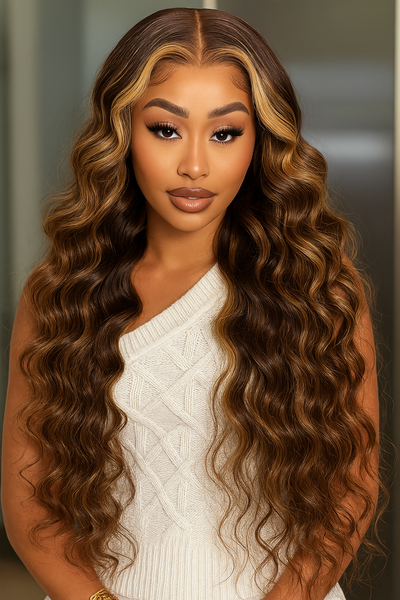 Perruque Lace Front Body Wave Naturelle en Cheveux Humains 100% – Reflets P4/27, Densité 150%-180%