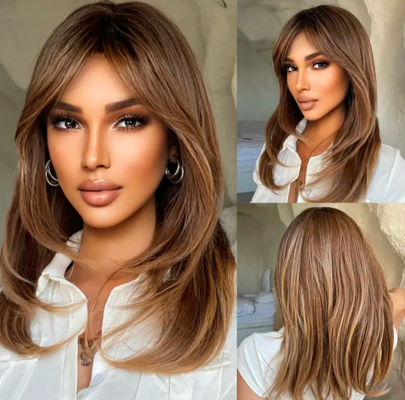 Perruque synthétique brune ombrée   – 20 pouces