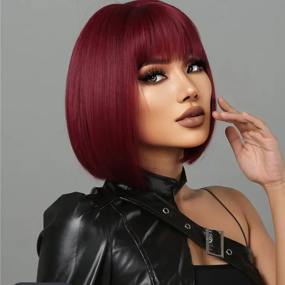 Perruque synthétique bordeaux bob court avec frange – fibre haute température