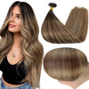 Extensions kératine cheveux naturels – Balayage châtain doré 2/3/27