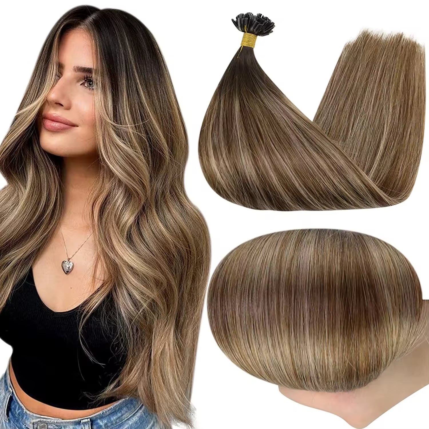 Extensions kératine cheveux naturels – Balayage châtain doré 2/3/27
